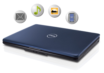 Dell Inspiron 15 laptop with media symbols